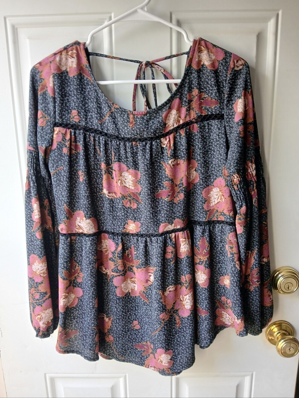 Knox Rose Green & Pink Floral Blouse Small Boho Peasant Top for Women